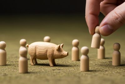 Miniature diorama scene of create a realistic image, where a small wooden statue of pig and surrounded by several wooden pins represented person. one of these pins is being put in the scene by one hand; Shutterstock ID 2657101893; purchase_order: T&G; job: ; client: Sim; is_generated: true